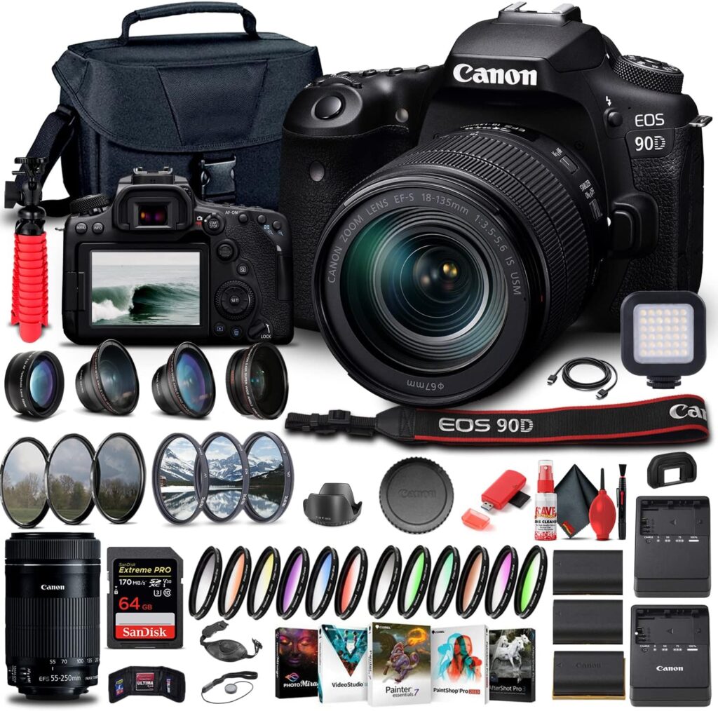 Canon EOS 90D DSLR Camera with 18-135mm Lens (3616C016) + EF-S 55-250mm Lens + 64GB Memory Card + Case + Corel Photo Software + 2 x LPE6 Battery + External Charger + Card Reader + More (Renewed)