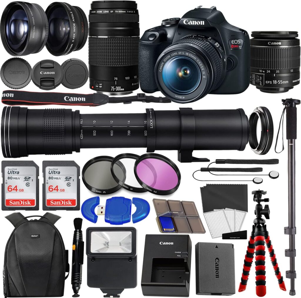 Canon EOS Rebel T7 DSLR Camera with 18-55mm is II Lens Bundle + Canon EF 75-300mm f/4-5.6 III Lens + 420-800mm HD SuperZoom Lens + 128GB Memory + Filters + Flash + Monopod + Professional Bundle Black