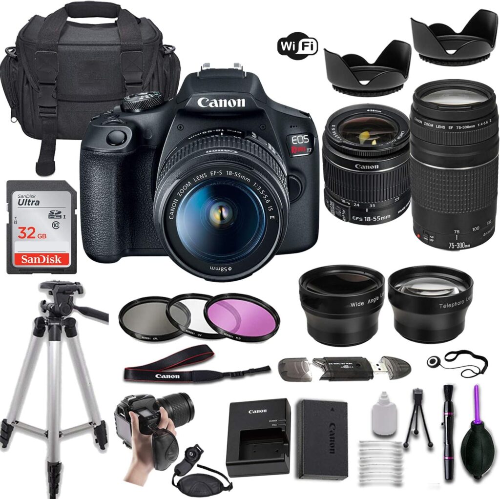 Canon EOS Rebel T7 DSLR Camera with 18-55mm is II Lens + Canon EF 75-300mm f/4-5.6 III Lens and 500mm Preset Lens + 32GB Memory + Filters + Monopod + Professional Bundle