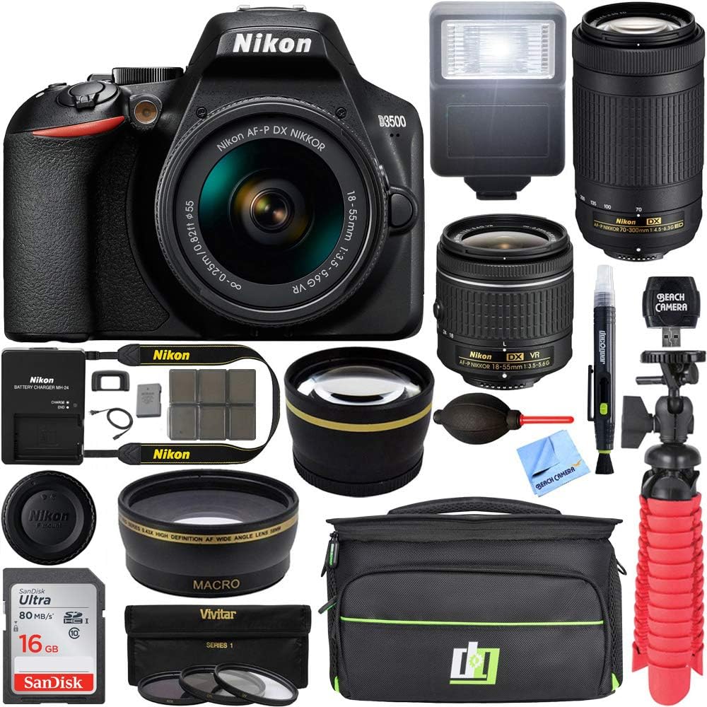 Nikon D3500 24.2MP DSLR Camera with AF-P 18-55mm VR Lens  70-300mm Dual Zoom Lens Kit 1588 (Renewed) with 16GB Accessory Bundle