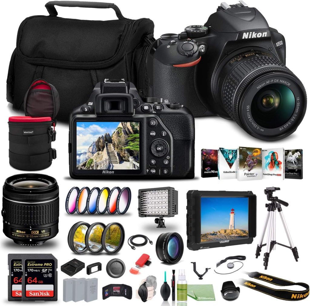 Nikon D3500 DSLR Camera with 18-55mm Lens (1590) + 4K Monitor + 2 x 64GB Cards + 2 x EN-EL14a Battery + Corel Photo Software + Pro Tripod + Case + 3 Piece Filter Kit + More (Renewed)