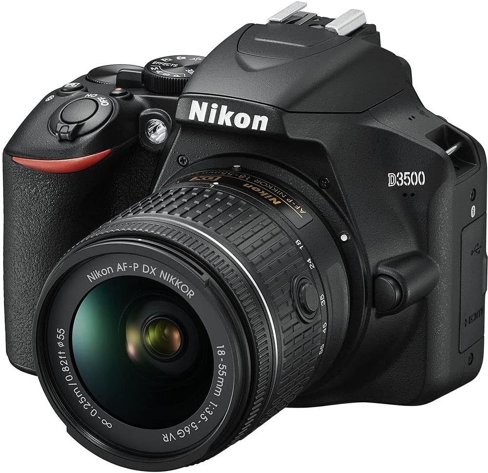 Nikon D3500 DSLR Camera with 18-55mm Lens (1590) + 4K Monitor + 2 x 64GB Cards + 2 x EN-EL14a Battery + Corel Photo Software + Pro Tripod + Case + 3 Piece Filter Kit + More (Renewed)