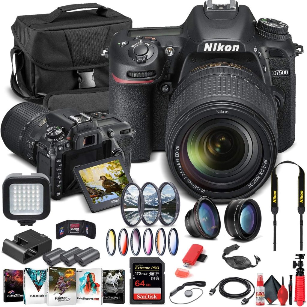 Nikon D7500 DSLR Camera with 18-140mm Lens (1582) + 64GB Memory Card + Case + Corel Photo Software + 2 x EN-EL 15 Battery + Card Reader + LED Light + Filter Kit + Wide Angle Lens + More (Renewed)
