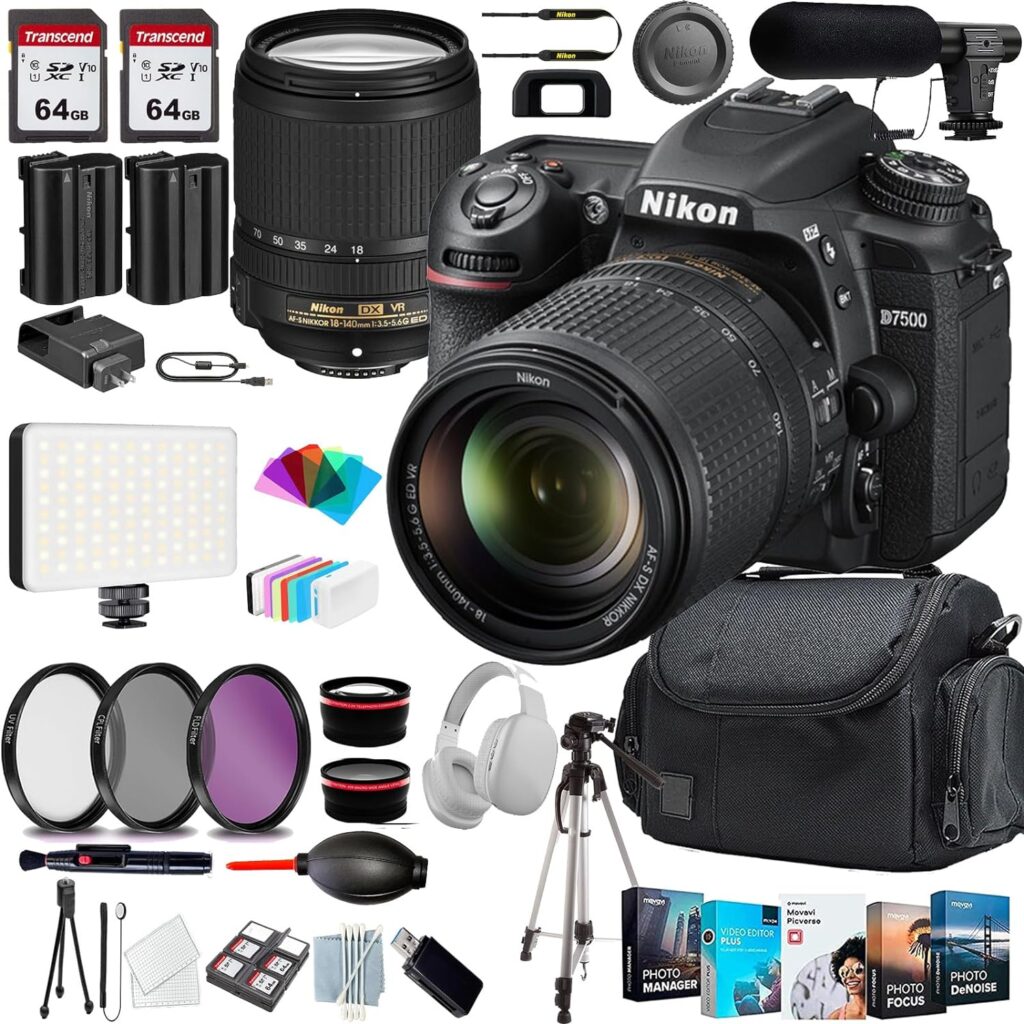 Nikon D7500 DSLR Camera(1582) with 18-140mm Lens+Shot-Gun Microphone+Photo Software Package+ Case+128 GIG Memory+Headset+LED Light+Tripod(13PC) Bundle