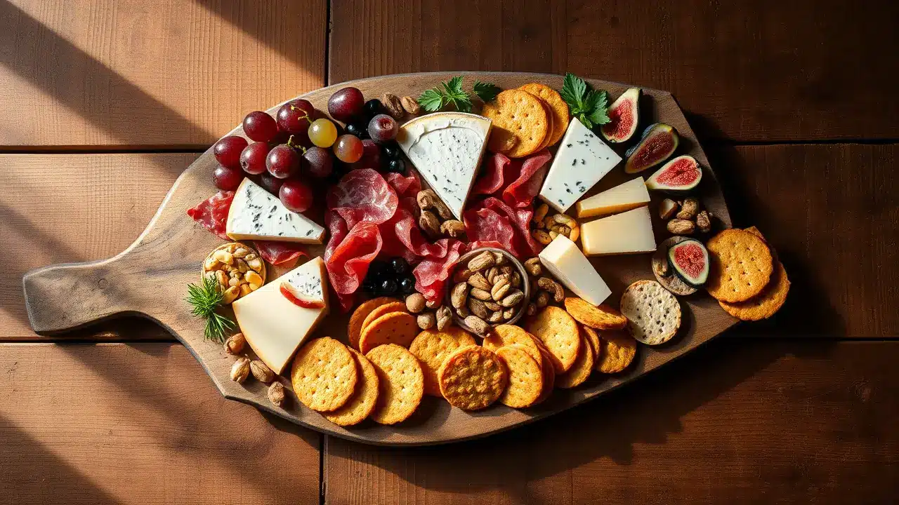 Gourmet charcuterie board featuring blue cheese, prosciutto, fresh red grapes, sliced figs, mixed nuts, golden crackers, and assorted cheeses artfully arranged on a wooden fish-shaped serving platter with dramatic natural lighting