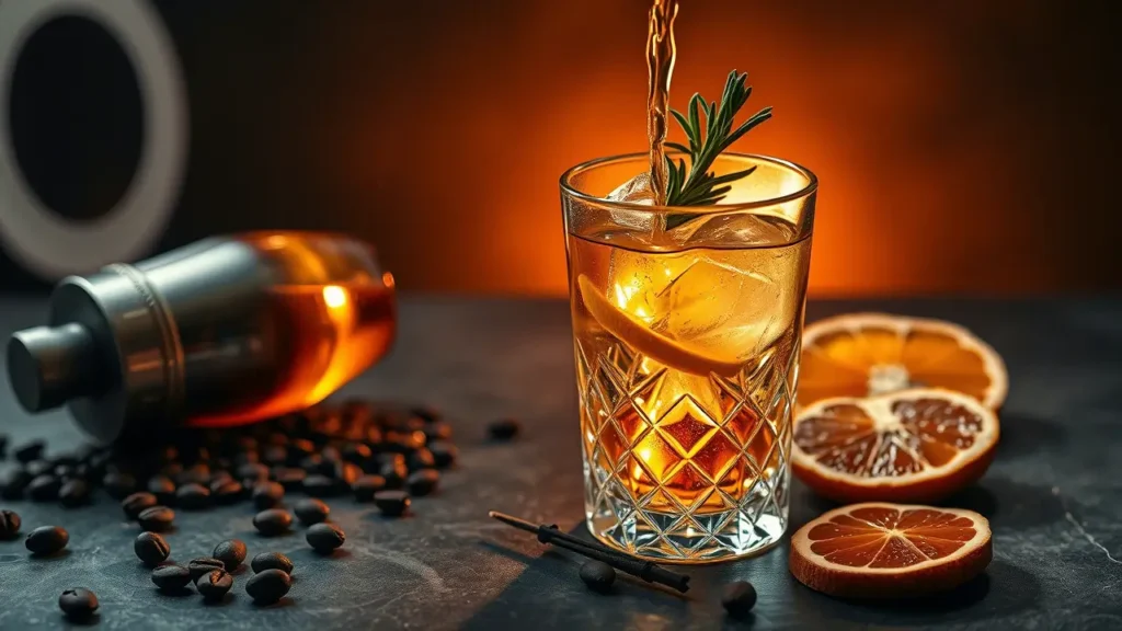 Whiskey being poured into a crystal glass with ice and rosemary garnish, surrounded by coffee beans, orange slices, and a bottle, captured in warm ambient lighting against a dark background