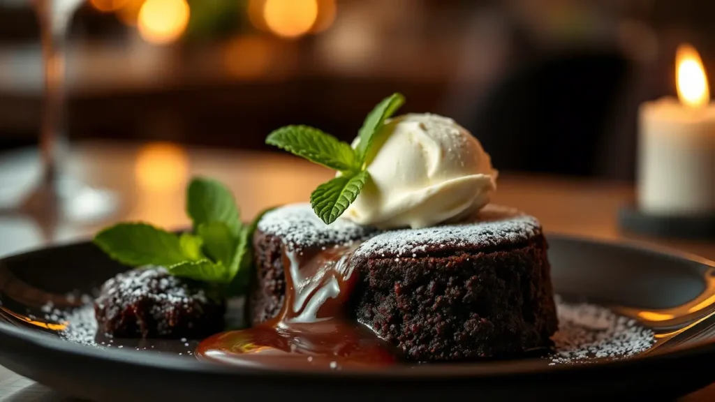 Warm chocolate lava cake with gooey molten center, dusted with powdered sugar, topped with vanilla ice cream and fresh mint leaves, served on a black plate with romantic candlelit ambiance