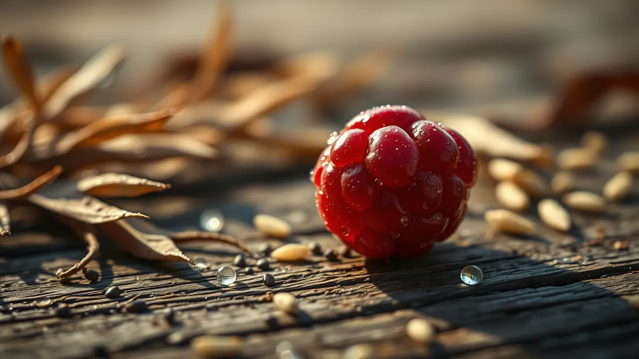 Single fresh red raspberry with water droplets on weathered wood surface, surrounded by dried autumn leaves and scattered water beads, captured in golden morning light with stunning macro detail