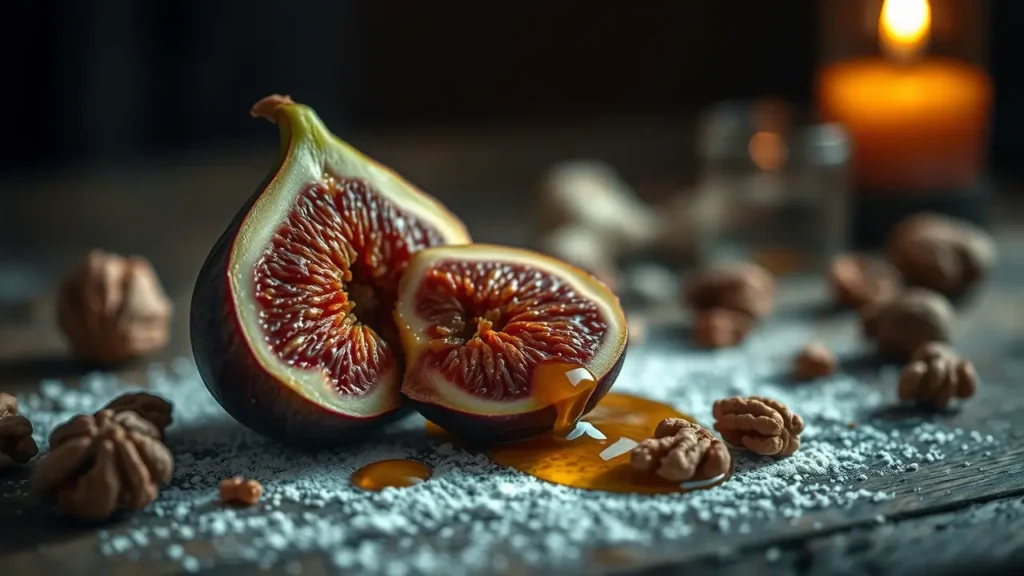 Sliced fresh purple fig with dripping honey and scattered walnuts on dark textured surface, illuminated by warm candlelight, showcasing rich interior texture and moody food photography style