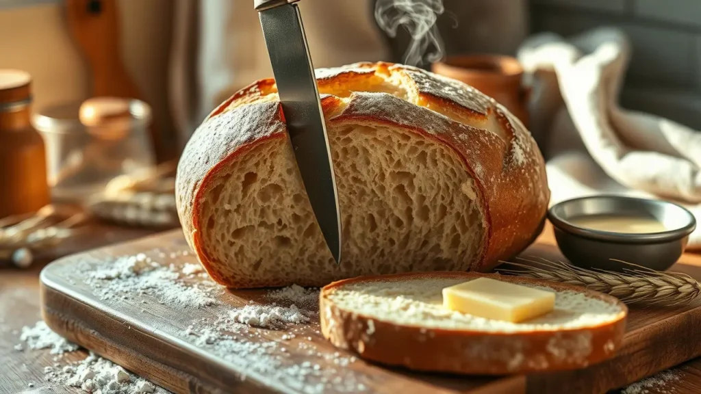 Fresh sourdough bread being sliced with a knife, revealing steaming interior crumb structure, served on wooden cutting board with butter pat and wheat stalks, captured in warm natural sunlight