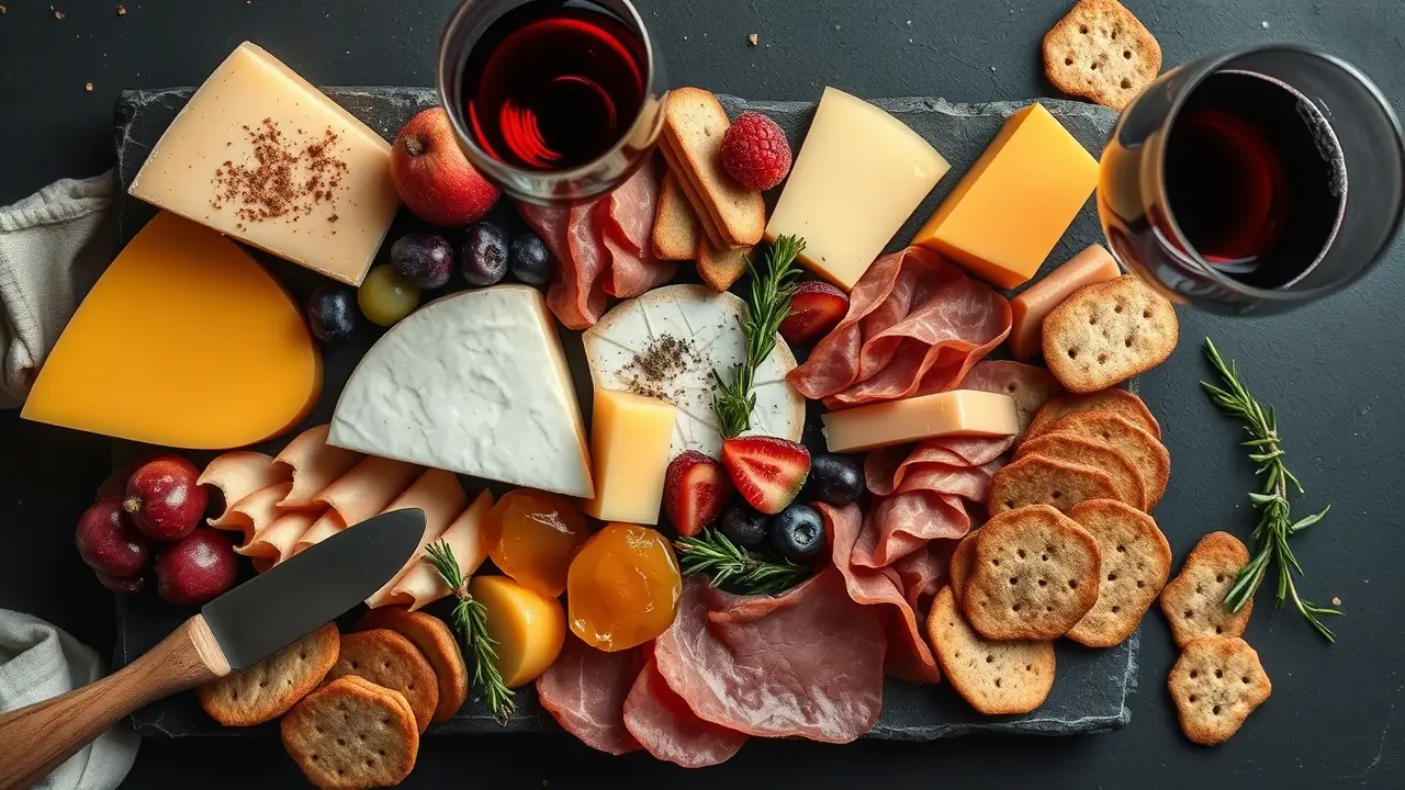 Overhead view of a luxurious charcuterie board featuring various cheeses, cured meats, fresh fruits, crackers, and two glasses of red wine on a dark slate background, ideal for entertaining