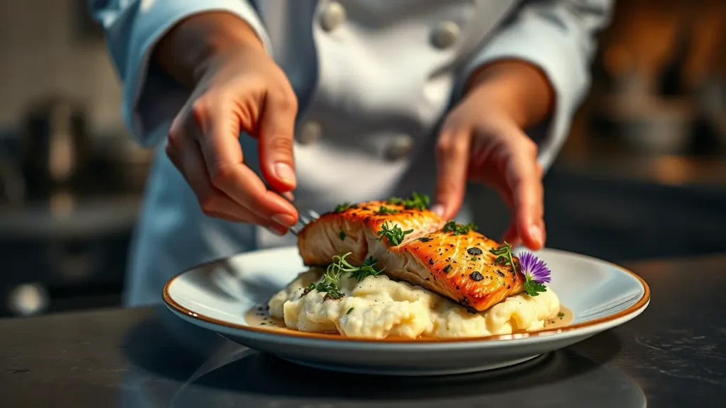 Perfectly grilled salmon fillet with crispy skin, served on creamy mashed potatoes with fresh microgreens and purple edible flowers, plated on a white ceramic dish with copper rim, captured in warm natural lighting with professional depth of field