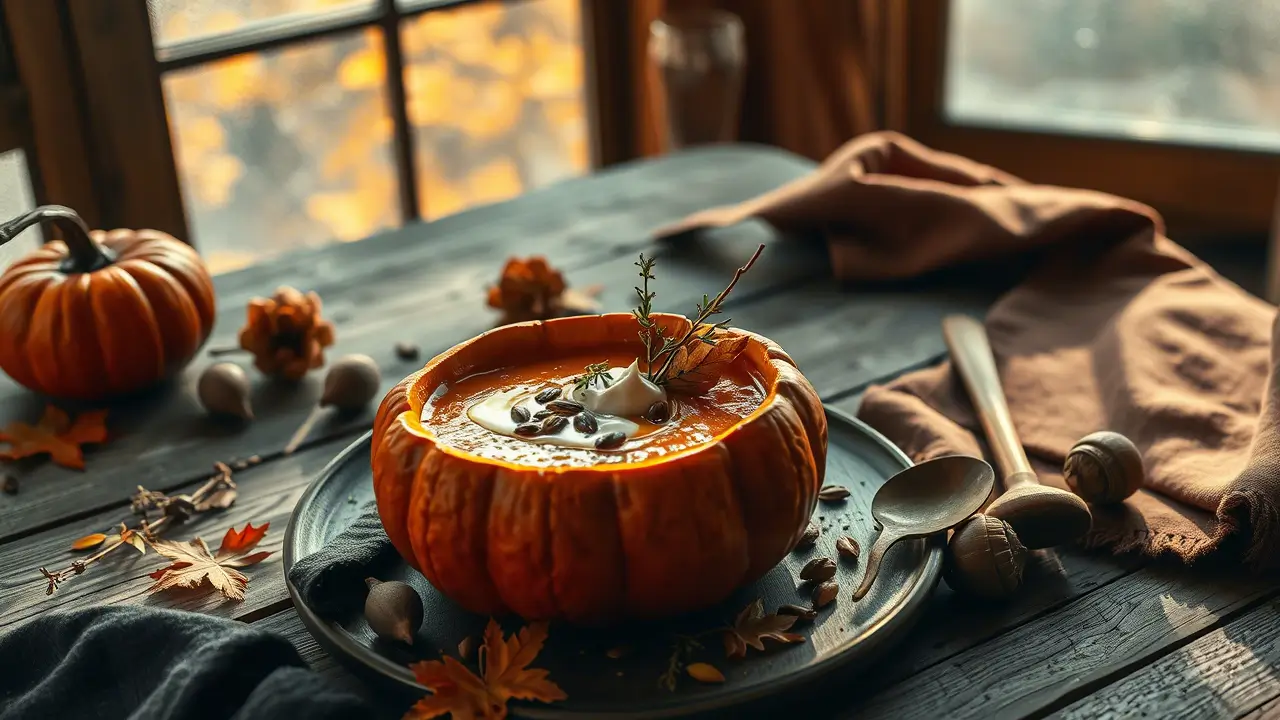 Creamy pumpkin soup served in a hollowed-out pumpkin bowl, garnished with cream swirl and fresh herbs, surrounded by autumn leaves, acorns, and rustic decor on a wooden table with golden sunset light through window