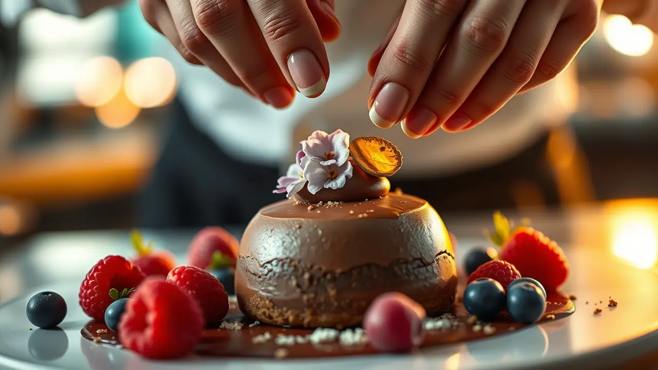 Elegant chocolate mousse dome dessert garnished with delicate white flowers, candied orange peel, fresh raspberries, blueberries, and strawberries, captured in warm ambient lighting with professional food styling and manicured hands placing final garnishes