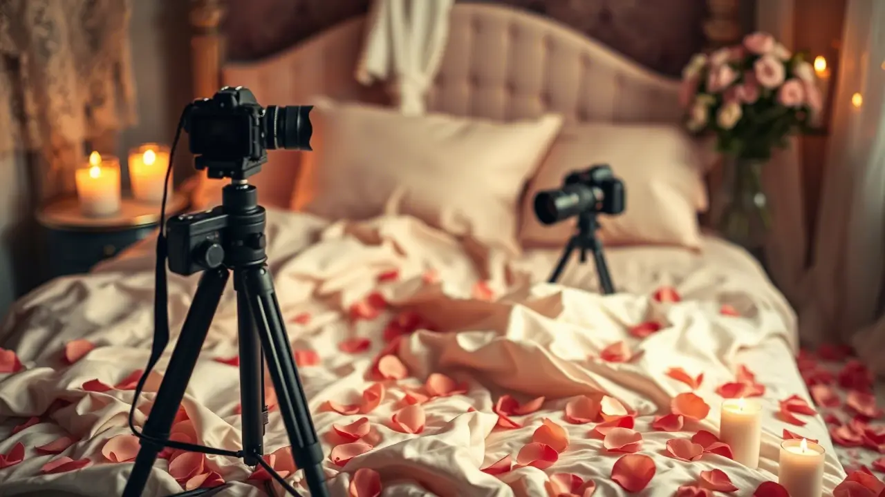 Professional boudoir photography setup featuring two DSLR cameras on tripods positioned near a luxurious bed with cream silk sheets scattered with pink rose petals. Warm candlelight illuminates the romantic scene, with soft pink roses in a vase and a tufted headboard in the background, creating an intimate studio atmosphere