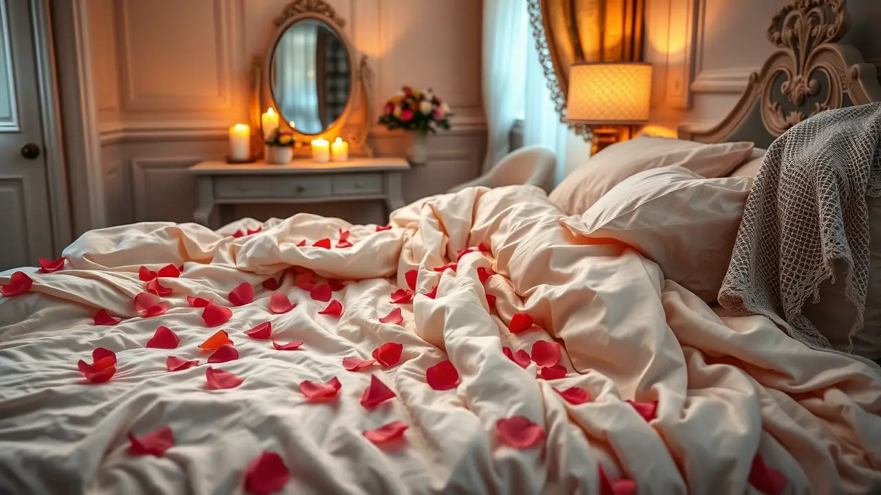 Intimate boudoir bedroom setting featuring cream silk bedding scattered with red rose petals, illuminated by warm candlelight. A vintage-style vanity with ornate oval mirror and glowing candles creates ambient lighting, while delicate lace details and fresh flowers add romantic touches. The scene captures luxury and romance through soft lighting and French-inspired decor.