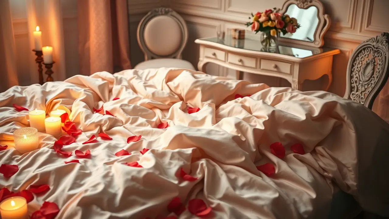Luxurious boudoir bedroom scene featuring cream silk bedding with scattered red rose petals and glowing candles. A vintage-style white vanity with ornate mirror and fresh floral arrangement sits in the background. The warm candlelight creates an intimate atmosphere, illuminating the textured silk sheets and elegant French-inspired furniture.