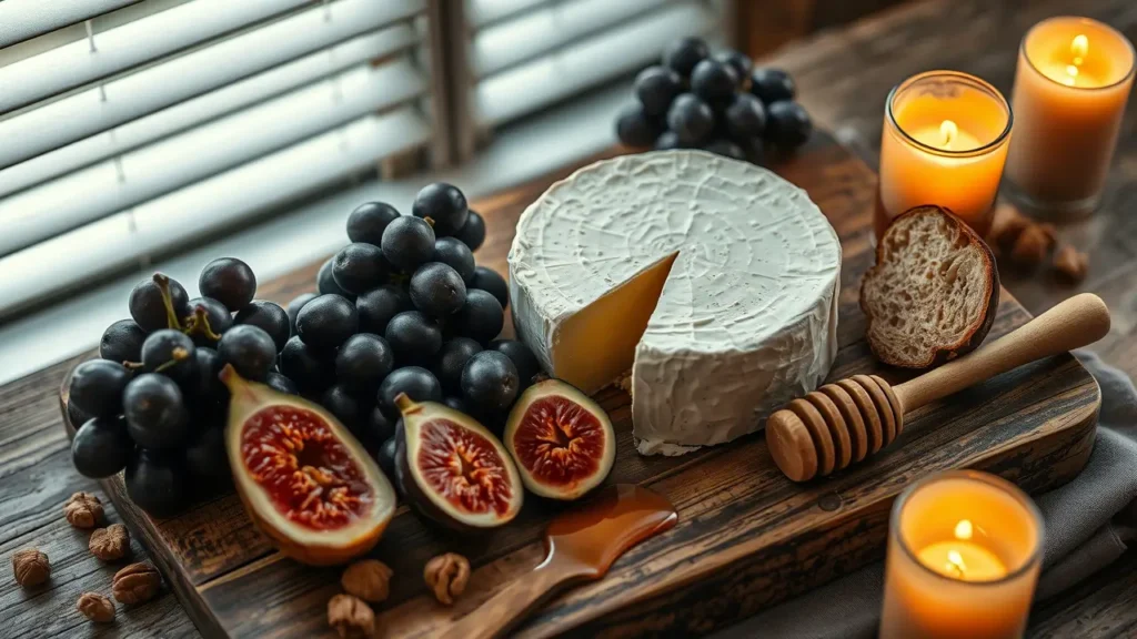 Artisanal white cheese wheel with fresh black grapes, sliced purple figs, honey dipper, crusty bread, and glowing orange candles on a rustic wooden board near a window with natural lighting