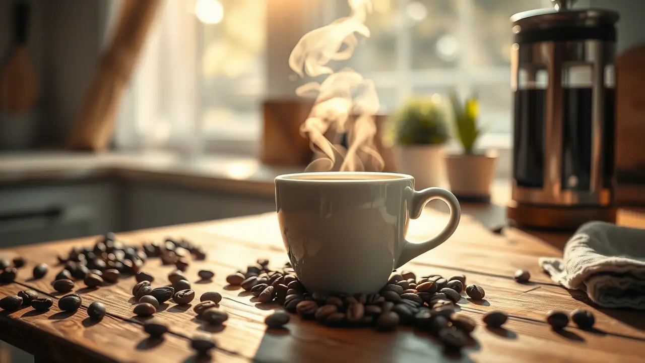 Steaming white ceramic coffee cup surrounded by scattered dark roasted coffee beans on rustic wooden table, backlit by golden morning sunlight with French press in background and potted plant, creating cozy atmosphere