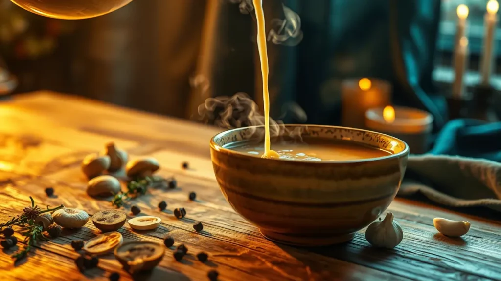 Steaming hot broth being poured into a rustic ceramic bowl, surrounded by fresh garlic cloves, coffee beans, and dried citrus slices on weathered wooden surface, captured in warm amber lighting with teal backdrop and glowing candles