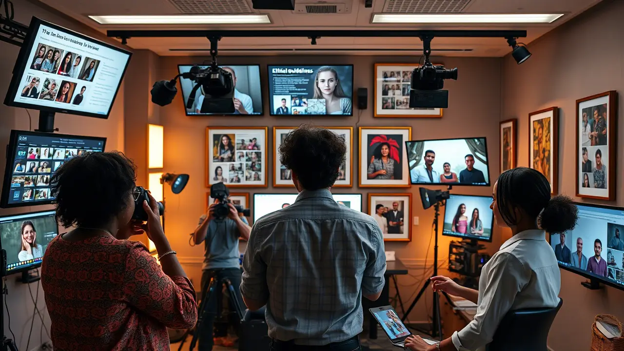 Ethics and Copyright in Photography: A Guide to Legal and Moral Practices 1 A dynamic media production studio showcasing multiple screens, cameras, and a creative team working on projects surrounded by framed portraits and cutting-edge equipment.