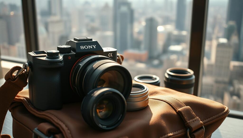 A Sony APS-C camera rests on a worn leather messenger bag, its matte black body gleaming under soft, diffused natural light filtering through the window. Nearby, an assortment of high-quality video lenses - a wide-angle, a prime, and a telephoto - are arranged neatly, their metallic surfaces catching the light. In the background, a vibrant cityscape unfolds, hinting at the camera's potential for capturing dynamic, cinematic travel footage. The scene conveys a sense of anticipation and preparedness, inviting the viewer to imagine the creative possibilities of this versatile APS-C video setup.