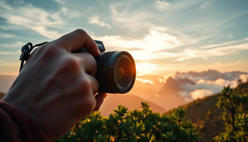 A Sony APS-C camera with a compact prime lens capturing the beauty of a picturesque mountain landscape. The camera is held steady by a photographer, their eye pressed to the viewfinder, carefully composing the shot. Warm, golden sunlight filters through wispy clouds, casting a soft, cinematic glow over the scene. In the foreground, lush green foliage frames the view, leading the eye towards the distant peaks shrouded in mist. The compact lens allows for a wide, immersive perspective, perfectly suited for capturing the grandeur of the outdoor environment. The resulting image exudes a sense of adventure, inviting the viewer to explore the captivating world of travel photography with versatile APS-C equipment.
