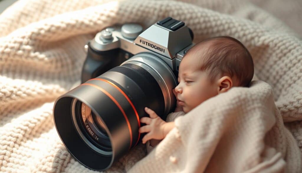 A beautifully crafted newborn photography camera resting on a soft, neutral-toned blanket. The camera's sleek, modern design features a large, high-resolution sensor and a professional-grade lens with a wide aperture for stunning, bokeh-rich portraits. Gentle side lighting casts a warm, natural glow, accentuating the camera's polished metal and premium leather accents. The composition emphasizes the camera's thoughtful ergonomics and intuitive controls, inviting the viewer to imagine the joy of capturing a newborn's precious first moments with exceptional clarity and artistry.