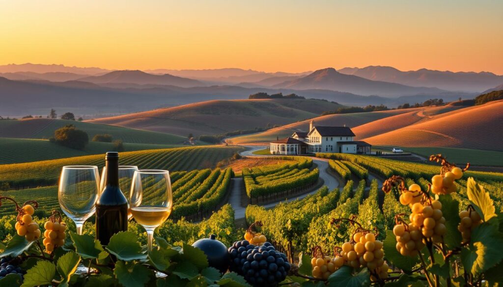 A breathtaking panorama of Napa Valley's rolling vineyards, bathed in the warm glow of the setting sun. In the foreground, a carefully composed still life showcases an array of wine glasses, bottles, and delicate grape clusters against a backdrop of lush, verdant foliage. The middle ground features a winding road leading to a picturesque winery, its architecture a harmonious blend of modern and traditional elements. In the distance, the majestic Mayacamas Mountains rise up, their peaks dusted with a hint of autumn hues. The scene is captured through the lens of a high-quality DSLR camera, utilizing a shallow depth of field to create a sense of depth and focus. The overall mood is one of sophistication, elegance, and the rich, vibrant essence of Napa's world-renowned wine country.
