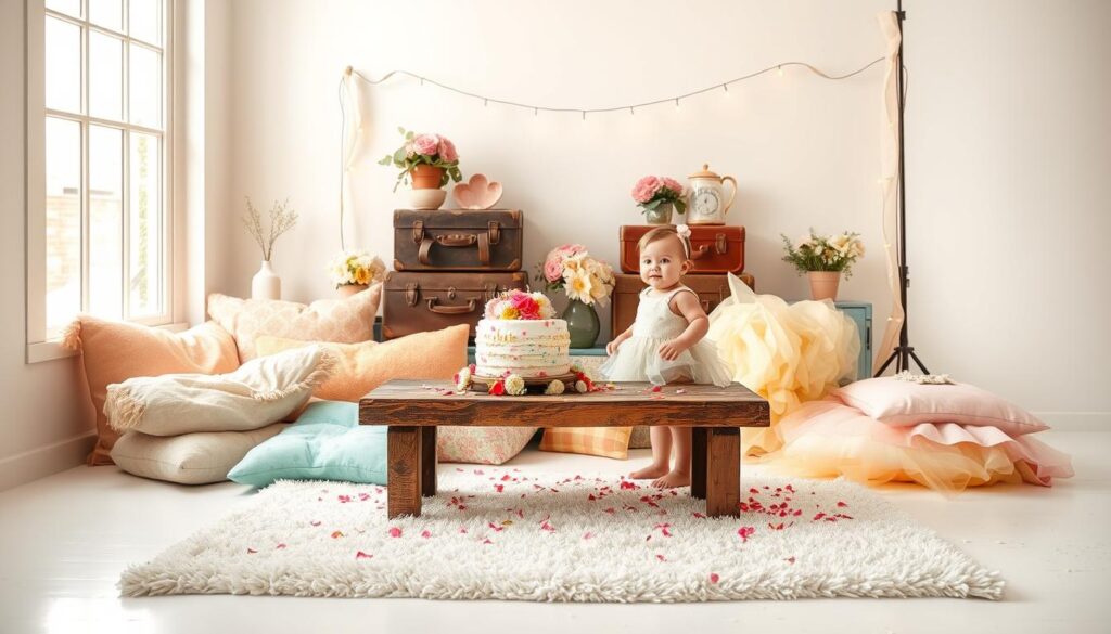 A bright, airy studio space with soft, natural lighting streaming in from large windows. In the foreground, a beautifully decorated cake sits atop a rustic wooden table, surrounded by an array of vibrant, textured fabrics and props - plush pillows, fluffy tulle, and fresh flower petals. A toddler in a whimsical, coordinated outfit stands beside the cake, a look of pure delight on their face as they prepare to dive in. The middle ground features a collection of complementary décor elements - vintage suitcases, twinkling fairy lights, and a plush rug underfoot. The background subtly fades into a pale, neutral backdrop, allowing the joyful scene to take center stage. This ultra-realistic image captures the essence of a cherished cake smash photoshoot, brimming with playfulness, creativity, and the unbridled enthusiasm of a little one's big day.