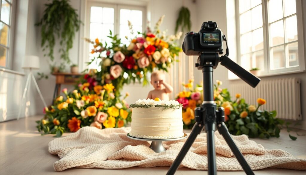 A bright, airy studio with natural light filtering in through large windows. In the foreground, an elegantly styled cake sits atop a soft, textured blanket, ready for a joyful smash session. Surrounding the cake, an array of vibrant, fresh flowers and lush greenery create a beautiful, organic backdrop. The camera, mounted on a sturdy tripod, is positioned at a low angle to capture the action from an eye-level perspective, allowing the viewer to immerse themselves in the moment. Warm, directional lighting casts gentle shadows, accentuating the cake's textures and the child's expressions. The overall mood is one of pure, unadulterated delight, inviting the viewer to share in the playful, messy celebration.