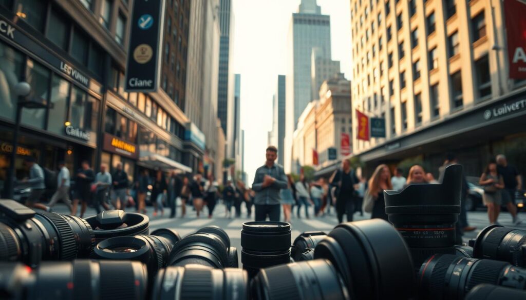 A bustling city street, the backdrop for a discerning photographer's journey. In the foreground, an array of camera lenses lay, each offering a unique perspective. The middle ground captures a diverse crowd of pedestrians, their movements frozen in time. Overhead, natural light filters through towering skyscrapers, casting a warm, cinematic glow. The photographer, standing amidst the scene, contemplates the optimal focal length, seeking to frame the urban landscape in a captivating, ultra-realistic manner. The atmosphere is one of thoughtful deliberation, as the photographer navigates the nuances of street photography, determined to capture the essence of the moment.