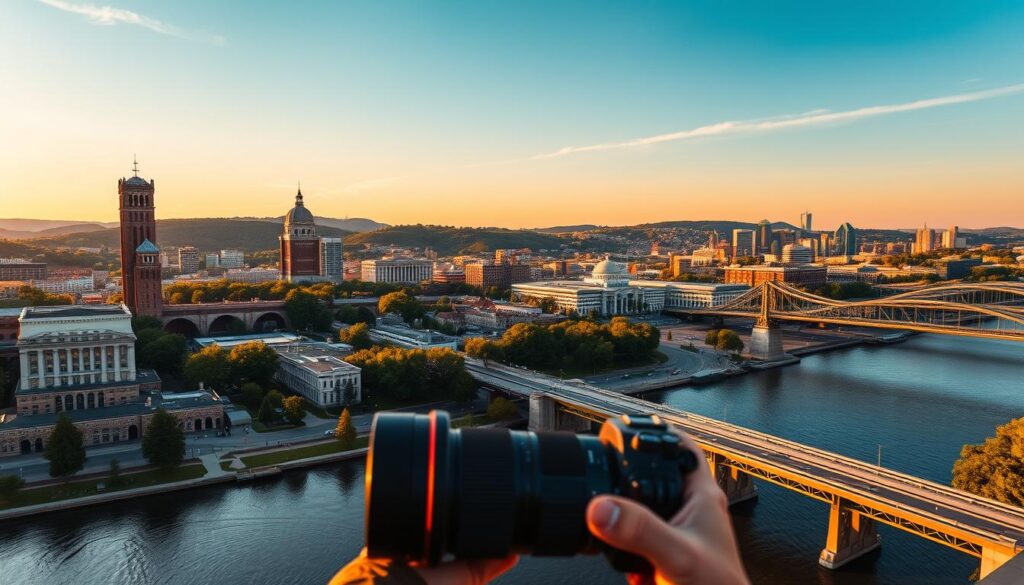 A bustling cityscape with iconic Cincinnati landmarks, set against a vibrant golden hour sky. In the foreground, a photographer captures the stunning architecture and bridges along the banks of the Ohio River, utilizing a wide-angle lens to create a dynamic, immersive composition. The middle ground features lush greenery and urban landscapes, while the background showcases the rolling hills and skyline of the city. Warm, soft lighting casts long shadows, evoking a sense of tranquility and contemplation. This scene perfectly encapsulates the unique photographic opportunities that Cincinnati's diverse locations offer, from its historic landmarks to its natural beauty.