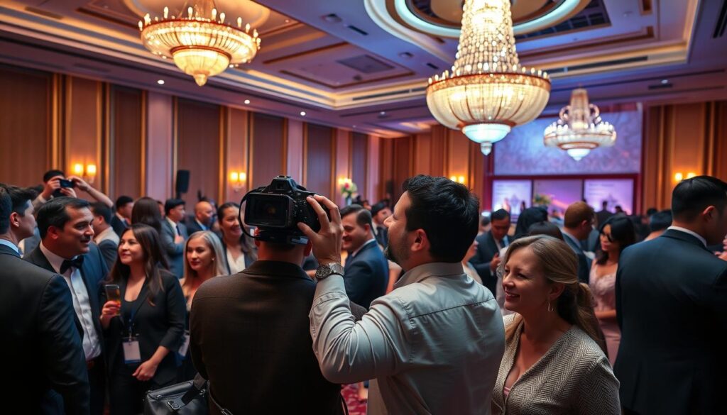 A bustling corporate event in a luxurious ballroom, illuminated by warm, ambient lighting. In the foreground, a group of well-dressed professionals engaged in lively conversation, their faces radiating confidence and energy. In the middle ground, a photographer captures the scene, their camera poised to immortalize the moment with a crisp, high-resolution lens. The background is a tapestry of elegant decor, featuring plush furnishings, tasteful floral arrangements, and a towering, ornate chandelier casting a soft, flattering glow over the entire scene. The overall atmosphere is one of sophistication, professionalism, and the power of photography to elevate a corporate event into a visually captivating experience.