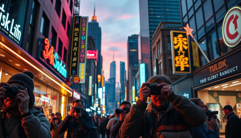 A bustling street in a vibrant city, illuminated by the soft glow of neon lights and the warm hues of sunset. In the foreground, a group of passionate film photographers, their vintage cameras held up to their eyes, capturing the essence of the resurgent analog movement. The middle ground showcases a mix of modern and retro-inspired storefronts, with window displays featuring the latest 35mm film cameras and accessories. In the background, a towering cityscape with skyscrapers and a ferris wheel, creating a sense of energy and urban renewal. The scene exudes a cinematic, nostalgic atmosphere, reflecting the growing enthusiasm for the art of film photography in the year 2025.
