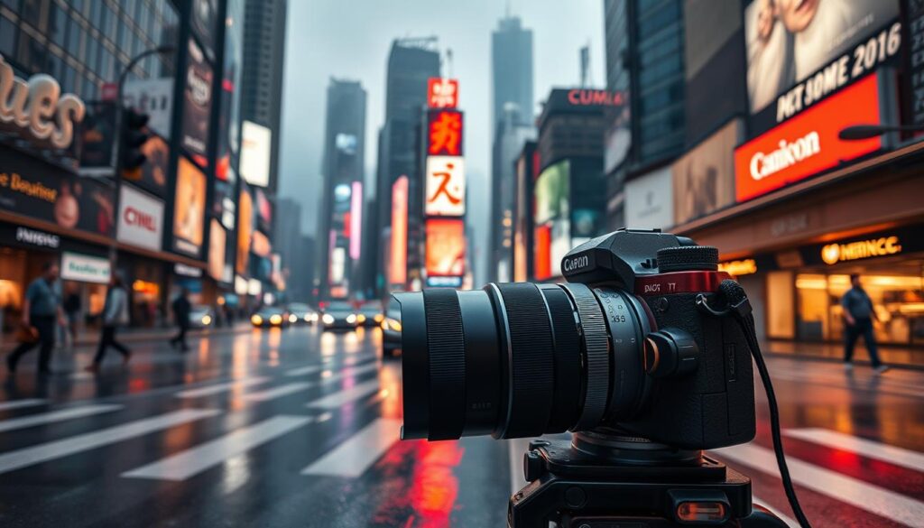 A bustling urban cityscape in the year 2025, captured through the lens of a cutting-edge street photography kit. In the foreground, a sleek mirrorless camera with an ultra-wide, high-resolution lens, its metallic body gleaming under the soft glow of ambient lighting. In the middle ground, a tangle of skyscrapers and neon-lit billboards, their reflections dancing across the surface of a rain-slicked pavement. The background fades into a hazy, futuristic skyline, hinting at the rapid technological advancements transforming the modern urban landscape. The scene exudes a sense of dynamic energy and cinematic wonder, perfectly encapsulating the spirit of street photography in the not-so-distant future.