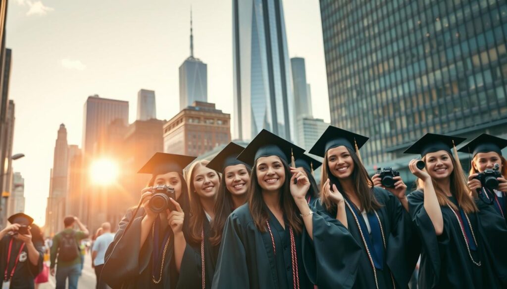 A bustling urban scene of New York City's iconic skyline, the sun casting a warm glow on the vibrant streets below. In the foreground, a group of enthusiastic graduates adorned in flowing gowns and mortarboards, their faces beaming with pride and excitement. Skilled photographers capturing the milestone moment with professional cameras, utilizing crisp telephoto lenses to frame the subjects against the towering skyscrapers in the background. Soft, diffused lighting accentuates the graduates' features, creating a sense of celebration and accomplishment. The overall atmosphere is one of energy, accomplishment, and the promise of bright futures unfolding in the heart of the city.