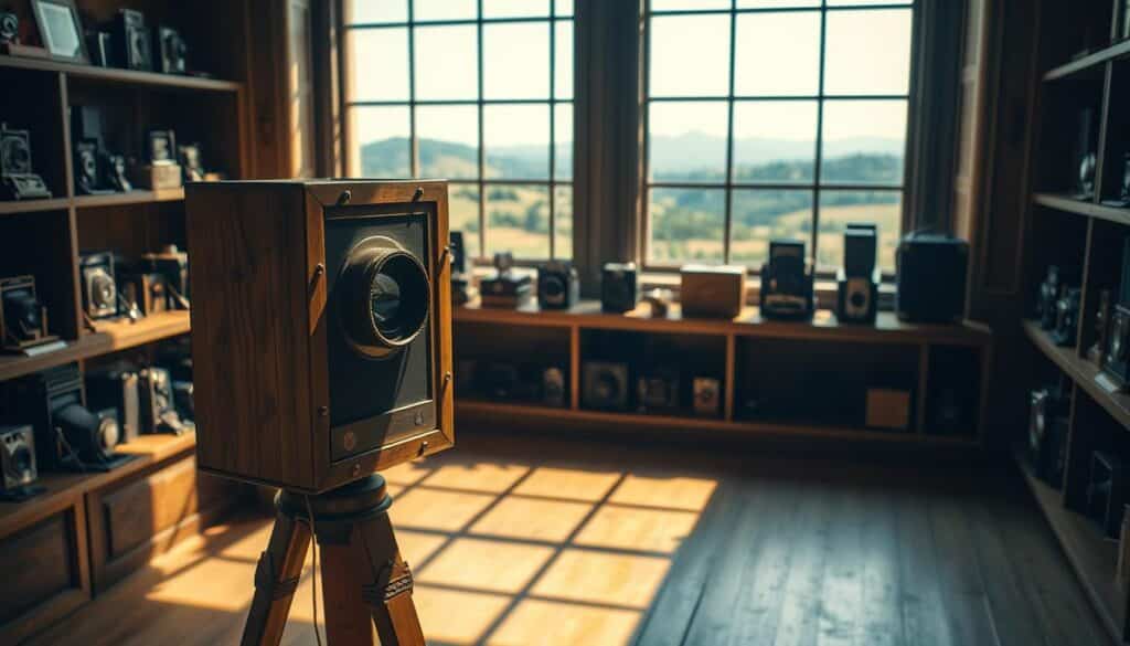 A camera obscura stands prominently in the foreground, its wooden frame and glass lens capturing the intricate dance of light and shadow. Behind it, a timeline of historical camera evolution unfolds, with early pinhole cameras, daguerreotypes, and the iconic box cameras of the 20th century lining the shelves. The scene is bathed in warm, cinematic lighting, casting a nostalgic glow over the evolving technology. In the background, a large window frames a picturesque landscape, hinting at the transition from the camera obscura's fixed perspective to the world of modern, portable photography. The image conveys a sense of wonder and reverence for the groundbreaking innovations that have shaped the art of capturing the world around us.