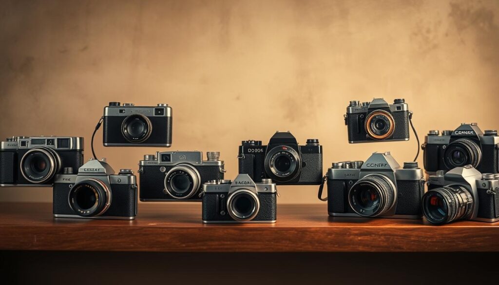 A candid photography timeline: a sequence of vintage cameras, from early pinhole to modern DSLRs, arranged in chronological order. Soft, nostalgic lighting casts a warm glow across the scene, accentuating the tactile textures of the aged equipment. The cameras float against a muted, sepia-toned backdrop, suggesting the passage of time and the evolution of this art form. A sense of wonder and discovery pervades the image, capturing the spirit of the candid photographer's journey through the ages.