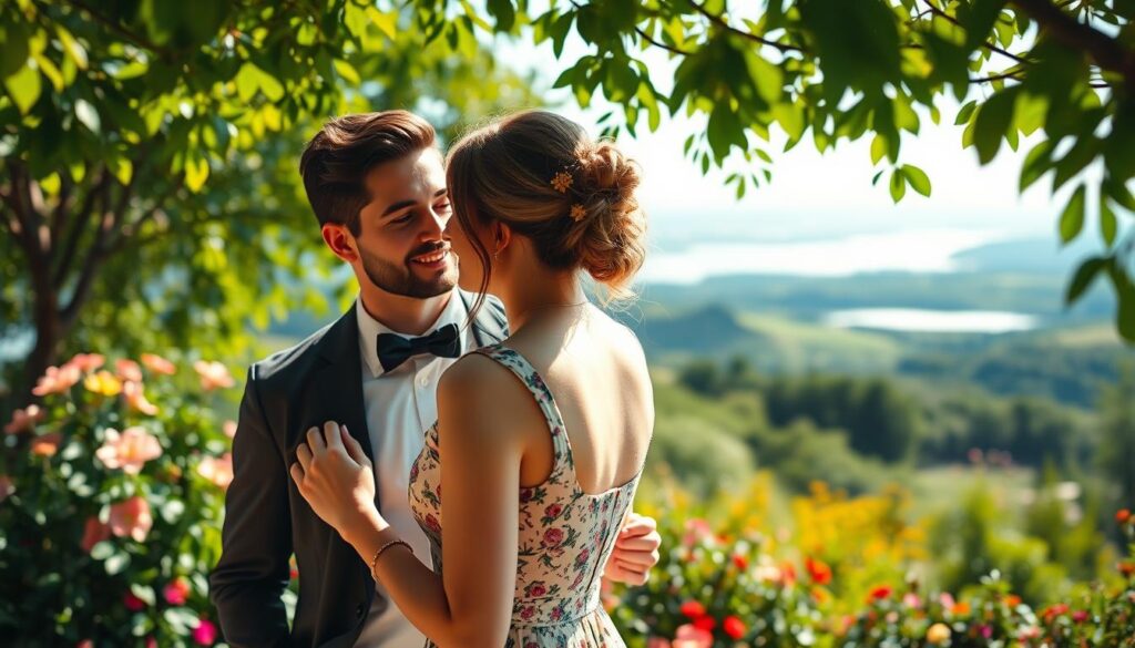 A candid, sun-dappled scene of a pre-wedding photo session. In the foreground, a stylishly dressed couple gazes at each other lovingly, their faces illuminated by soft, natural light. The middle ground features a lush, verdant garden backdrop, with vibrant flowers and greenery framing the intimate moment. The background showcases a picturesque landscape, perhaps a rolling hillside or a tranquil body of water, creating a breathtaking, serene setting. The image is captured with a shallow depth of field, emphasizing the couple's connection and the dreamy, romantic atmosphere. Ultra realistic, this scene evokes the anticipation and joy of a couple's pre-wedding celebration.