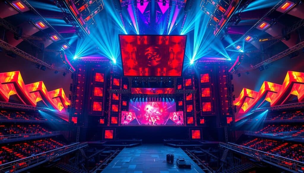 A captivating concert stage in 2025, bathed in a kaleidoscope of vibrant, pulsating lights. The towering main stage stands as the focal point, its sleek, modular design featuring a massive LED screen that displays visuals in stunning 8K resolution. Flanking the stage, intricate arrays of moving light fixtures create an ever-changing symphony of color and movement, casting dramatic shadows and silhouettes across the scene. In the middle ground, a network of elevated walkways and catwalks allows performers to move effortlessly between different levels, while advanced audio equipment and speakers are seamlessly integrated throughout the space. In the background, a sweeping panoramic view of the venue's architecture, with futuristic, organic shapes and materials that echo the stage's aesthetic. The overall atmosphere is one of awe-inspiring technical prowess and immersive, cinematic spectacle.