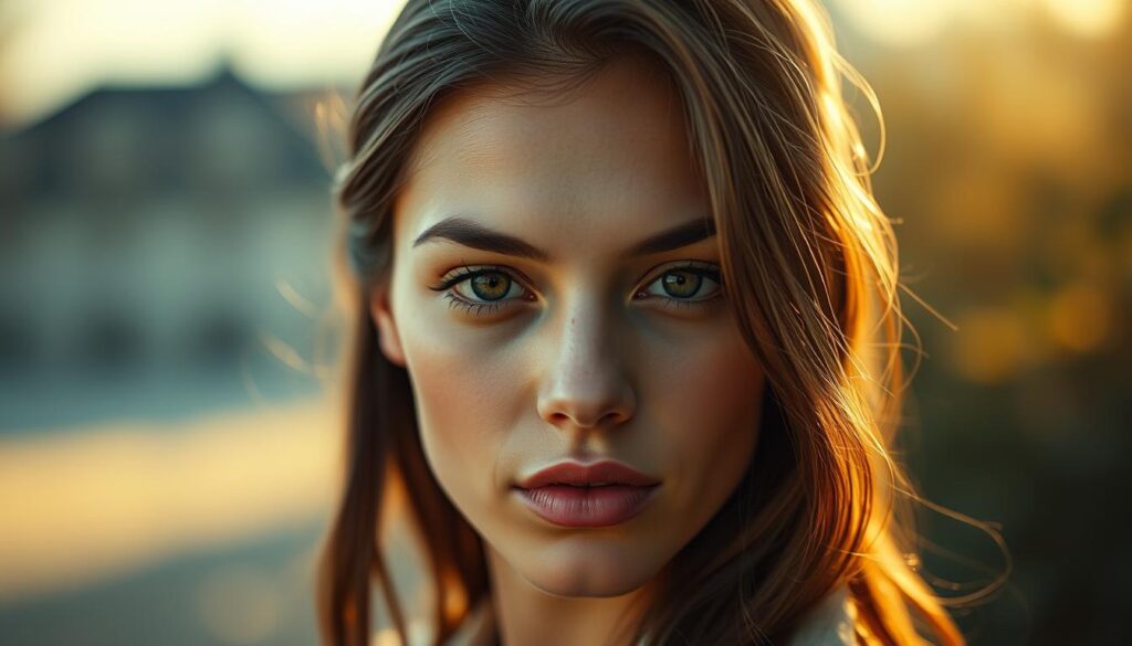 A captivating portrait with a shallow depth of field, showcasing the exquisite Nikon portrait lenses of 2025. A model's face is the focal point, bathed in warm, natural lighting that accentuates their features. The background is softly blurred, creating a dreamlike atmosphere that draws the viewer's attention to the subject. The image is meticulously composed, with the model's gaze directed towards the camera, conveying a sense of intimacy and connection. The overall aesthetic is ultra-realistic and cinematic, highlighting the versatility and performance of the latest Nikon portrait lenses.