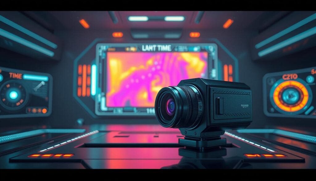 A cinematic and ultra-realistic image of the latest infrared sensor technology. In the foreground, a sleek and compact infrared camera with a high-resolution sensor and advanced optics. Detailed textures and reflections capture the precision engineering. In the middle ground, a holographic display showcases thermal imaging data, with vivid color gradients highlighting temperature variations. The background features a futuristic control panel, with glowing indicator lights and advanced interface elements. Soft, diffused lighting creates a moody, atmospheric ambiance, accentuating the technological sophistication. The overall composition conveys the cutting-edge capabilities of infrared imaging for a wide range of applications in 2025.