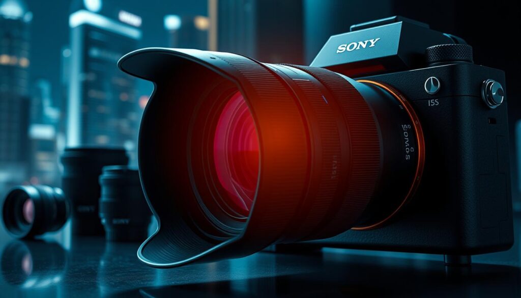 A cinematic, ultra-realistic scene showcasing the latest Sony E-mount lens advantages in 2025. In the foreground, a meticulously crafted Sony mirrorless camera body with a high-end, futuristic E-mount lens attached, its intricate design and advanced features highlighted by dramatic, directional lighting. In the middle ground, a collection of additional E-mount lenses in various focal lengths, their precision-engineered components and cutting-edge optical performance visible. The background depicts a futuristic cityscape, hinting at the lens' superior low-light capabilities and adaptability to diverse shooting environments. The overall atmosphere is one of technological sophistication, innovation, and the seamless integration of Sony's camera and lens ecosystem.