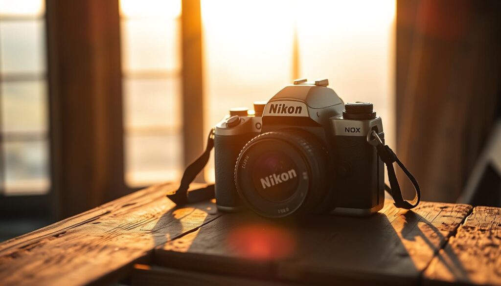 A classic Nikon DSLR camera rests atop a weathered wooden surface, its timeless silhouette illuminated by warm, golden light filtering through a large window. The camera's sturdy, ergonomic design and iconic Nikon branding evoke a sense of heritage and tradition, a testament to the brand's legacy in the world of wildlife photography. In the background, a softly blurred landscape unfolds, hinting at the adventurous journeys and breathtaking captures this camera has facilitated over the years. The overall scene exudes a sense of nostalgia, quality craftsmanship, and the enduring passion that has driven generations of Nikon enthusiasts to capture the wonders of the natural world.