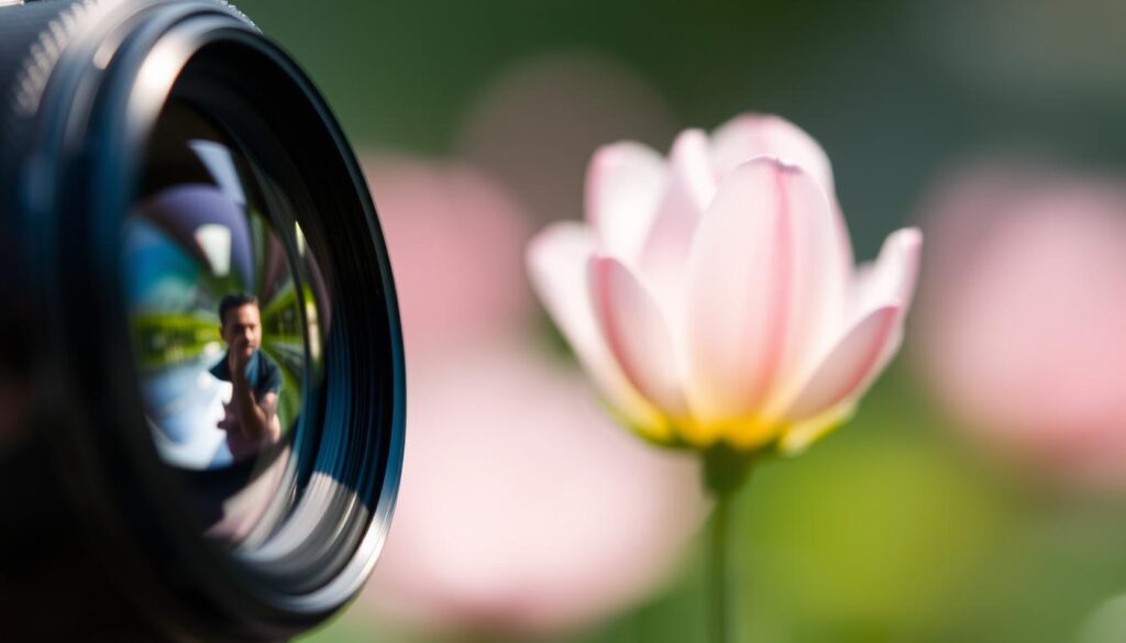 A close-up macro lens floats in the foreground, its intricate glass elements reflecting the scene. In the middle ground, a delicate flower unfurls its petals, the lens' shallow depth of field blurring the background into a soft, hazy bokeh. The lighting is soft and natural, accentuating the intricate textures and fine details of the bloom. The overall mood is one of tranquility and wonder, highlighting the benefits of using a macro lens to capture the breathtaking beauty of the natural world in stunning, lifelike detail.