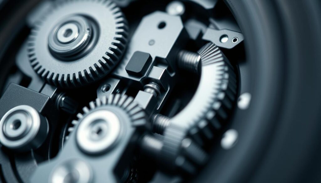 A close-up macro photograph of a sophisticated Autofocus Intelligent System (AIS) mechanism, meticulously captured under soft, even lighting. The intricate gears, springs, and sensors are prominently displayed, showcasing the technical complexity and precision engineering within this advanced camera component. The shallow depth of field isolates the AIS in sharp focus, while the blurred background creates a sense of depth and emphasizes the subject's mechanical beauty. The cool, metallic tones and smooth textures convey a sleek, high-tech aesthetic, highlighting the AIS's role as a crucial enabler of exceptional photographic performance.