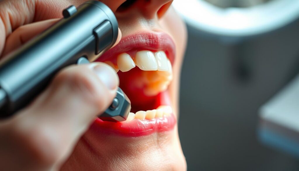 A close-up of a dentist's hand holding a dental camera, positioned at a slight angle to capture a patient's teeth and gums in sharp detail. The lighting is soft and directional, highlighting the intricate textures and subtle hues of the dental structures. The background is blurred, placing the focus entirely on the patient's mouth and the dentist's skilled handling of the camera. The image conveys a sense of clinical precision and the importance of visual documentation in modern dental practice.