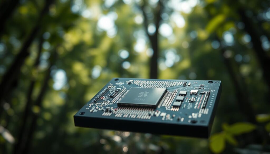 A close-up shot of a state-of-the-art wildlife photography sensor, its intricate circuits and microchips gleaming under a soft, directional light. The sensor is positioned in the foreground, with a blurred, verdant forest canopy in the background, suggesting the natural habitat it is designed to capture. The image conveys a sense of technological sophistication seamlessly integrated with the wild, showcasing the cutting-edge advancements in Nikon's wildlife photography offerings for 2025.