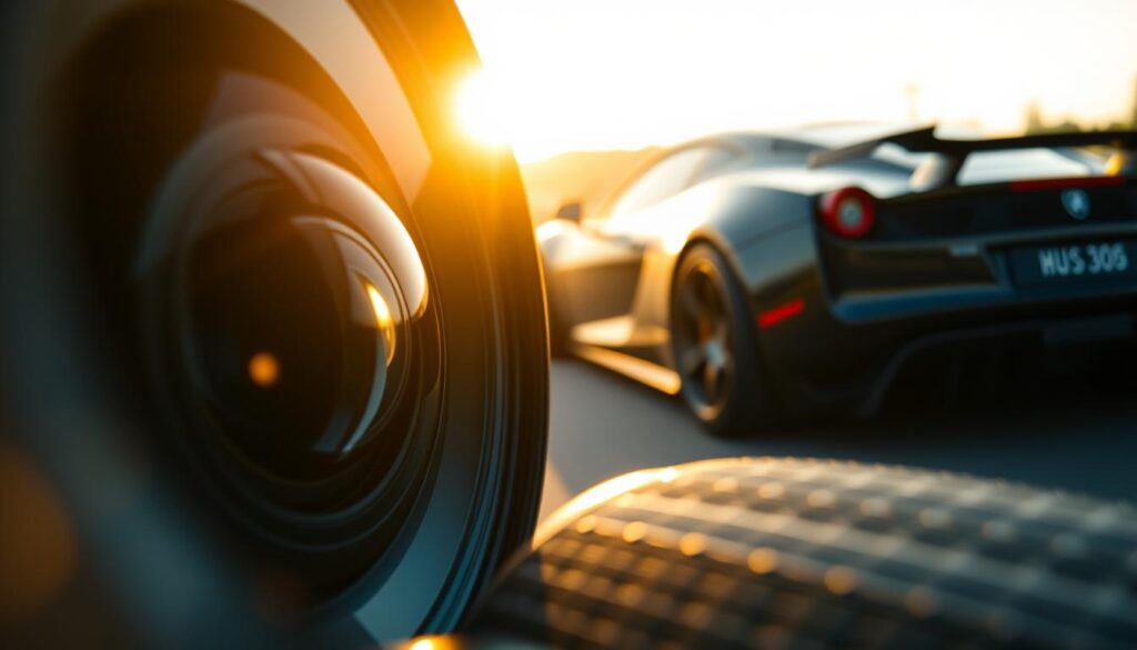 A close-up view of a camera lens aperture, showcasing the intricate blades that control the depth of field. In the background, a sleek sports car comes into focus, capturing the interplay between the advanced lens mechanics and the subject. The scene is bathed in warm, golden light, creating a cinematic atmosphere that emphasizes the technical precision and artistry of automotive photography.